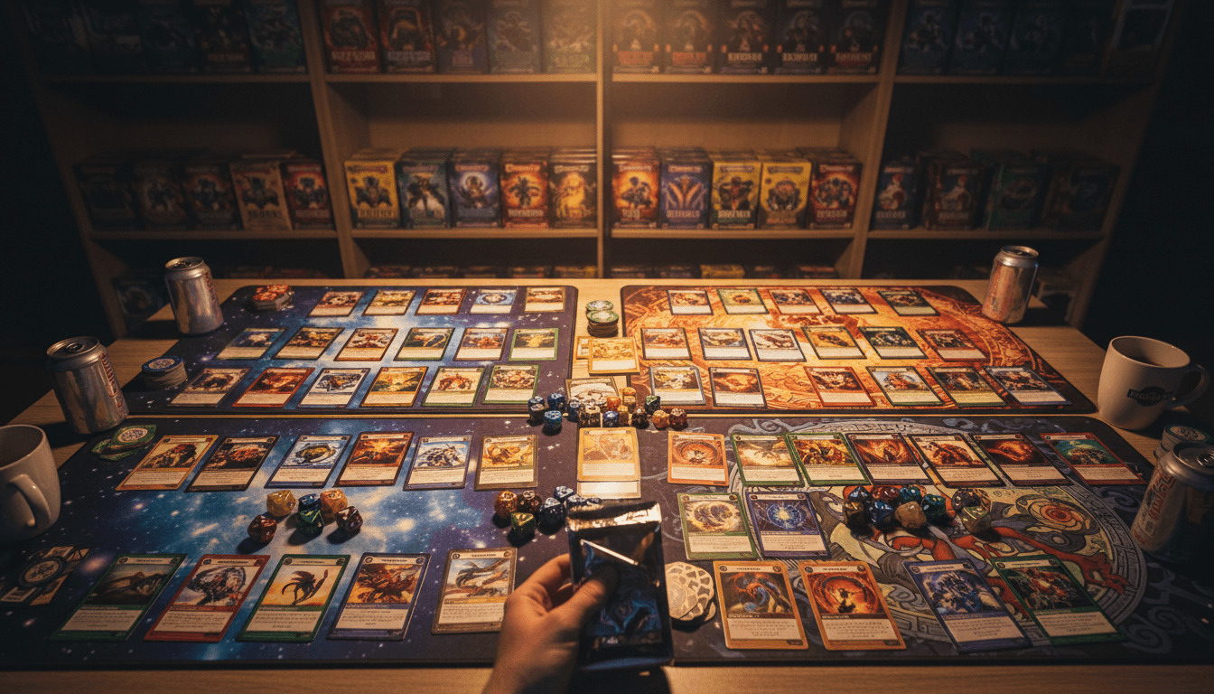 Trading cards and dice spread across a game table in a hobby shop